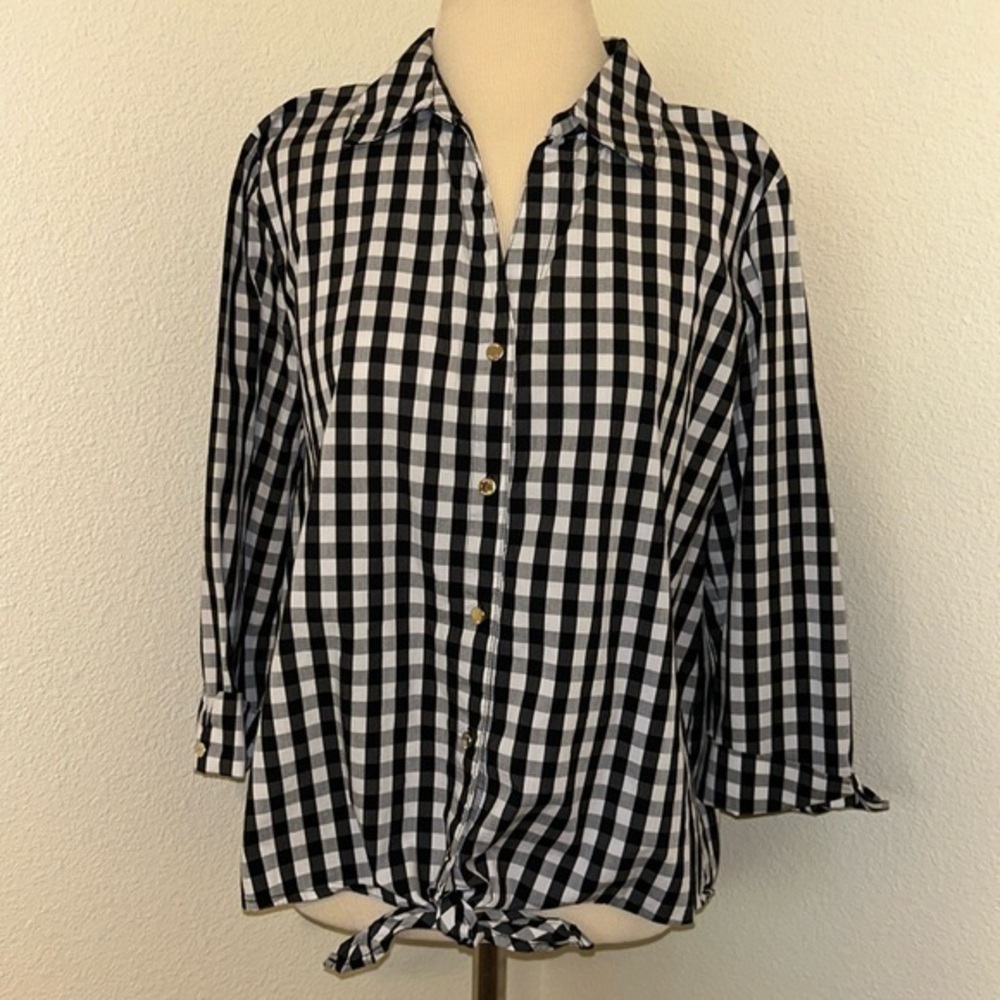 Anne Klein Black White Button Down Collar Shirt Top Tie Waist L Large 10 or 12